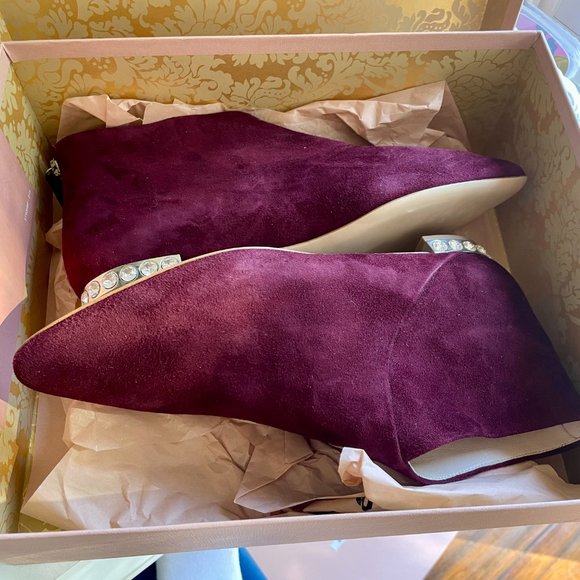 Miu Miu Burgundy Suede Ankle Boot with Jeweled Heel - Picture 2 of 10